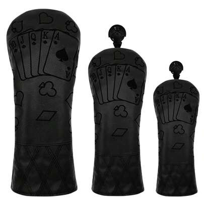 Poker Themed Golf Club Head Cover, Black Base Color With Exquisite Poker Suit Pattern, Compatible With Multiple Sizes, Practical Golf Accessory