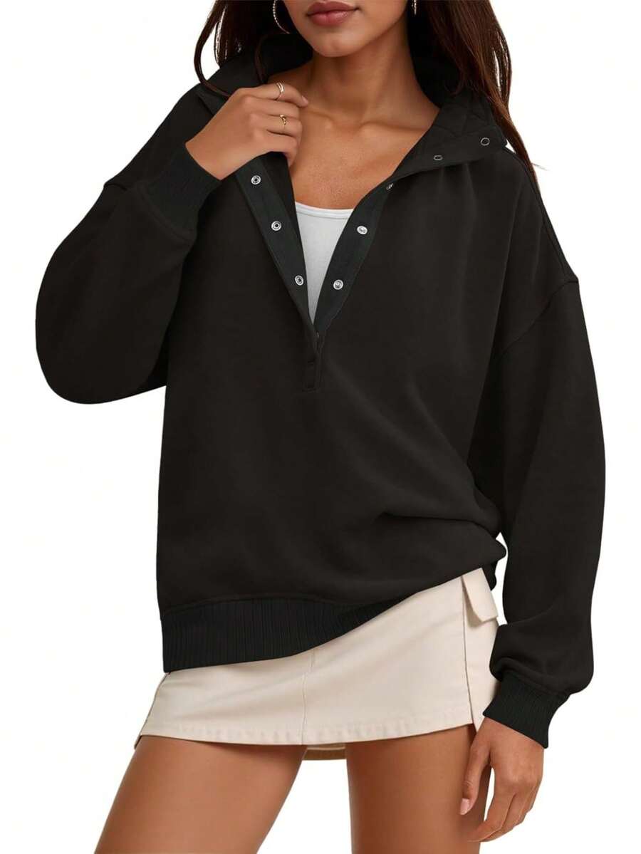 Fisoew Women's Oversized Sweatshirt Pullover - Long Sleeve Snap Button Henley Neck Loose Fit Top | Y2K Grunge, Clean Girl Aesthetic, Athleisure | Casual Fall Fashion - 黑色 - 查看 1