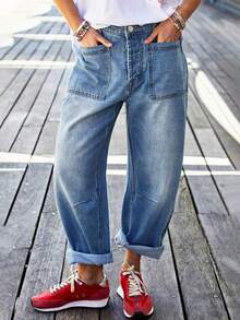 Jeans de mujer STLY, jeans de talla grande, nuevos jeans de pierna de plátano con diseño de corte creativo para otoño/invierno, jeans de pierna ancha de estilo retro clásico de calle personalizados de ajuste delgado y versátil en azul lavado, jeans casuales de talla grande para primavera - Azul - Ver 1