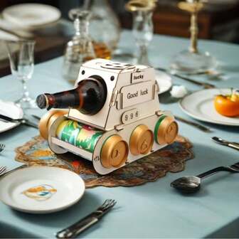 1pc Tank Shaped Creative Wine Rack, Holds 4 Bottles Of Beer/Wine, Supports DIY Coloring, Handmade Decoration, Suitable For Home Bar, Kitchen, Christmas Party, Birthday Party, Space-Saving Beverage Holder