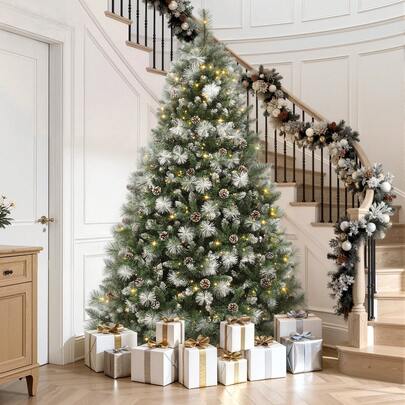 4.5ft/6ft Pre-Decorated Scotch Pine Christmas Tree Multicolor Lights And Pine Cones Full Green Xmaxs Trees With Metal Hinged Branch Tips & Stand Remote Controlled