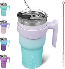 Vaso de  con asa de acero inoxidable con tapa y popote para mujer, color verde lavanda - Menta - Ver 8