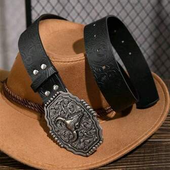 1pc Unisex Western Cowboy-Style Floral Embossed Vintage Buckle Belt, Suitable For Everyday Wear, Fashion Outfits, Outdoor Activities, Vacations, Casual Sports, Travel, Western Style, Vintage Style, Autumn/Fall, Halloween/Autumn-Winter, Christmas And Other Occasions