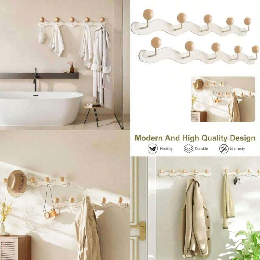 New 2-Pack Coat Rack Wall Mounted Anti-Tear Wooden Ball Coat Hook Rail Heavy Duty Metal Clothes Hanger Wall Hook For Entryway Bathroom Bedroom Kitchen White 5 Hooks - White - View 1