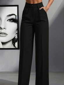 2pcs Women Casual Seam Front Wide Leg Pants, Versatile Solid Color Loose Fit Trousers For Work & Daily Wear Spring - Black and White - View 4