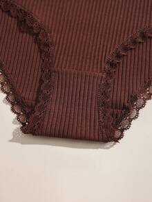 3条装蜜瓜色蕾丝拼接罗纹棉质女士内裤，可爱蝴蝶结装饰低腰三角裤，舒适弹力女士内裤 - 彩色 - 查看 10