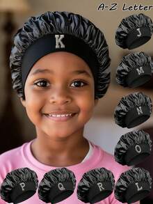 1 Pc A-Z Letter Hats Kids' Bonnet Hat Set Elastic Comfortable Headwear Sleeping Cap And Hairband - Black - View 1