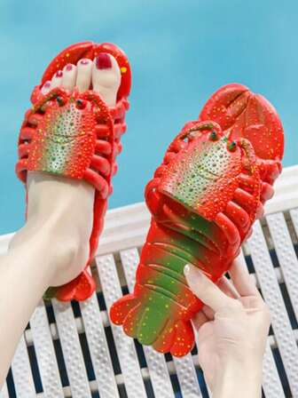 2026 Spring/Summer New Men's Soft Bottom Plus Size Slippers Size 47, Asymmetric Non-Slip Wear-Resistant Lightweight Flexible Double-Layer Sandals, Indoor Casual Slip-On Slides, Outdoor Beach Flip Flops, Slouchy One-Touch Slippers, Novelty Funny Shrimp Design Slippers For Teens & Adults, Suitable For Influencer Parties, Cosplay, Photography Props. Uneven Painted Soles And Random Speckled Patterns On Uppers Are Normal, Not Defects.