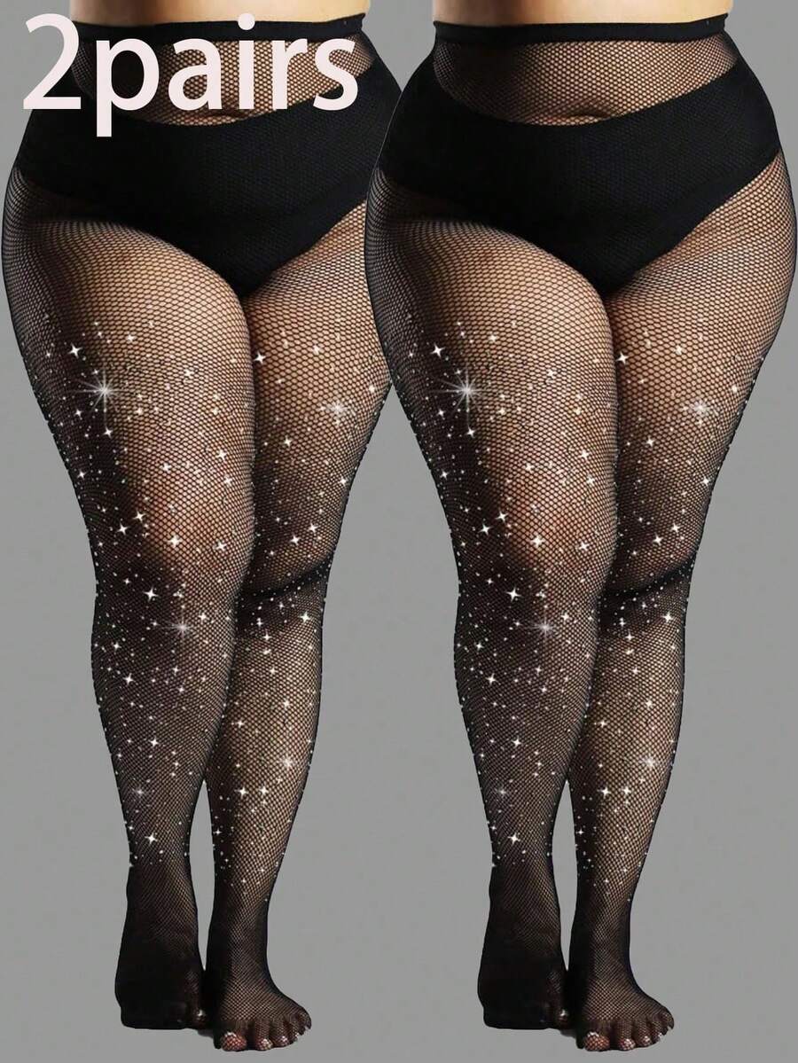2pcs Plus Size Women's Rhinestone Black & Beige Fishnet Tights, High Elasticity Small Mesh Shiny Nightclub Dance Pants - Multicolor - View 1