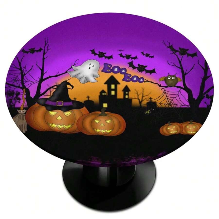 Halloween Purple Round Tablecloth With Elastic Halloween Pumpkin Round Fitted Table Cover Wipeable Circle Outdoor Table Cloths For Pattry Patio Dining Kitchen Holiday Decorate Fit For 45inch-50inch Tables,48inch(Round),B:HalloweenPurple - B:萬聖節紫色 - 查看 1
