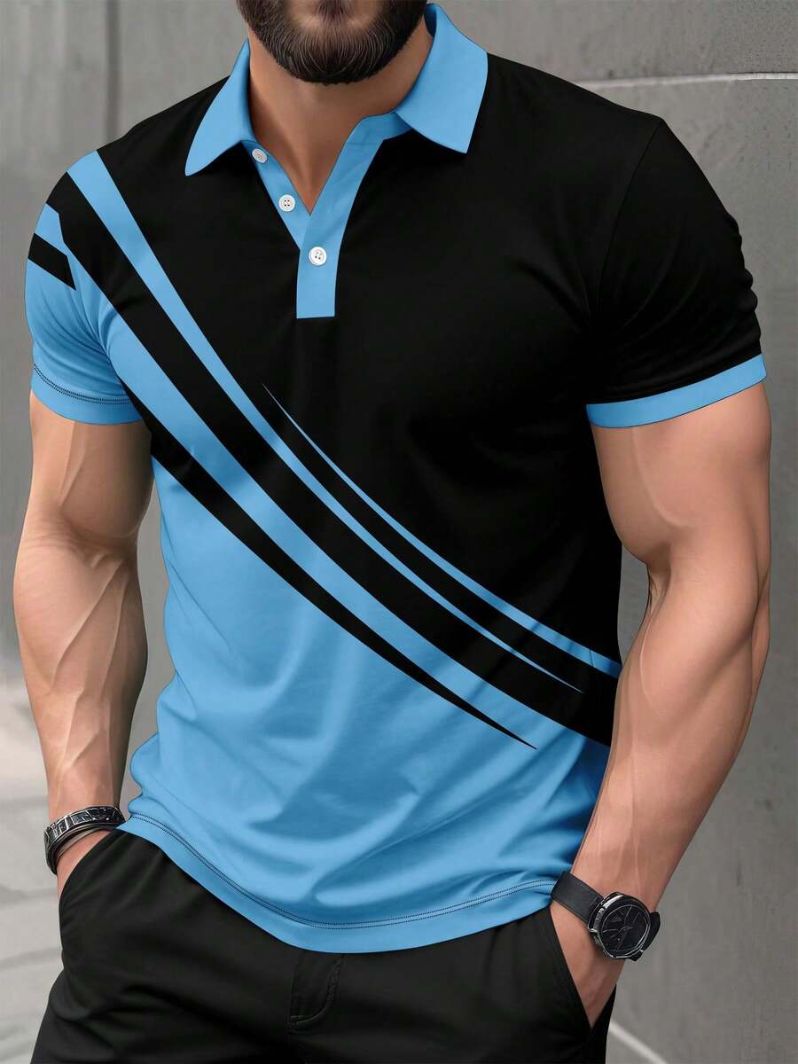 男士条纹休闲通勤短袖 Polo 衫，春夏 - 彩色 - 查看 1