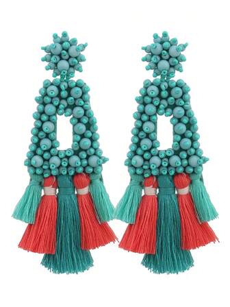 sehuoran 一对波西米亚风串珠流苏耳环，手工复古长款垂坠耳环 - 无镀层不锈钢耳针，适合派对宴会、圣诞节等场合 - 四季皆宜的波西米亚西部时尚配饰