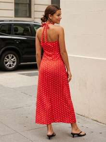 Women Long Skirt Outfit Dot Print Halter Neck Tank Tops And Low Rise Fishtail Skirt 2 Piece Set - 紅色 - 查看 2