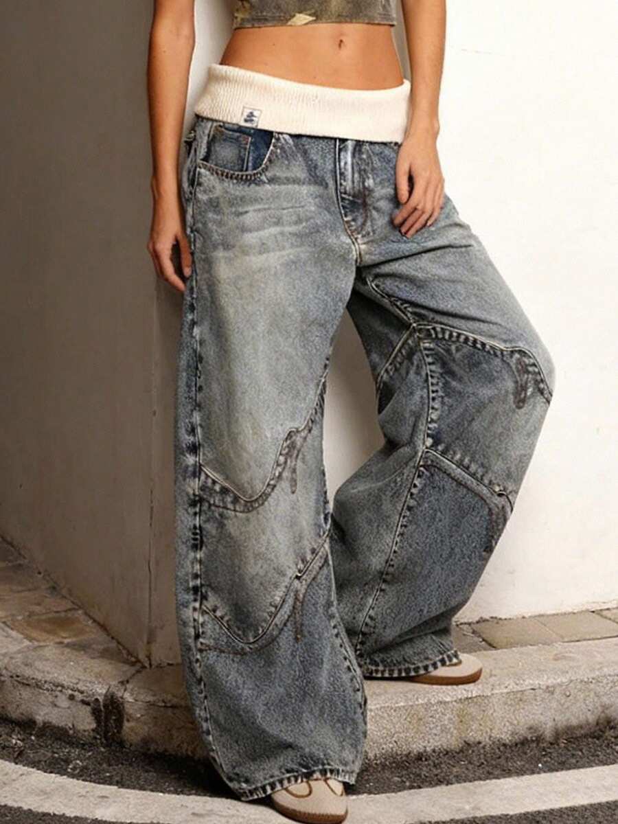 Vintage Washed Distressed Denim Jeans, Perfect For Patty'S Day Outfits. These Loose-Fitting Straight-Leg Jeans Are A New 2026 Style, Plus Size, Flattering For Pear-Shaped Figures With A Relaxed Drape. A Versatile Everyday Denim Option, Suitable For All Seasons. - 寶藍色 - 查看 1