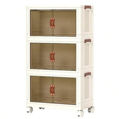 3PCS Foldable Storage Boxes Stackable Bins Household Plastic Closet Multi-Purpose Organizer Doors And Top Lid 2 Way Opening With Rotatable Wheels 225Lites 103*68*34cm