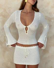 Women 2-Piece Boho Knit Beach Set - Cropped V-Neck Top With Back Tie & Drawstring Mini Skirt, Sheer Cover Up For Vacations & Resorts - 白色 - 查看 6