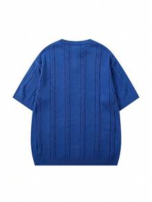 GRKC Spring/Summer Men's Neutral Casual Loose Minimalist Twisted Rope Pattern Versatile Business Commute Vacation Elegant Solid Color Round Neck Knit Top Button Half-Open Placket Pullover Short Sleeve T-Shirt Knit Sweater - Blue - View 7