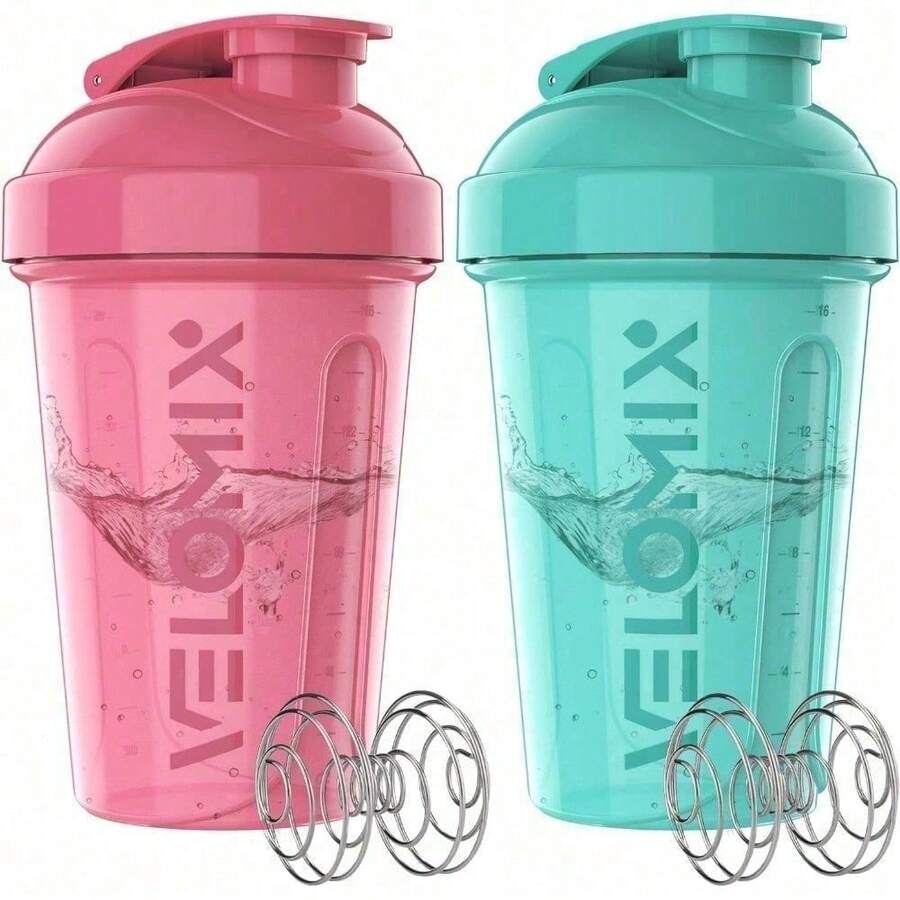 2 Pack 20oz Protein Shaker Bottles With Stainless Steel Whisk Balls Leakproof Lid Odor Resistant Sealing Ring For Gym Fitness Travel Sports Workout Shakes Healthy Drinks Daily Use For Men Women Easy To Clean Durable Plastic Essential Workout Accessories - 粉紅色/綠松石色 - 查看 1