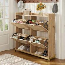 Elegante Schuhschrank aus Holz mit Rattantüren – 4 Türen, Metallrahmen und oberes Regal für stilvolle und übersichtliche Aufbewahrung. - Colore naturale - Visualizzare 4