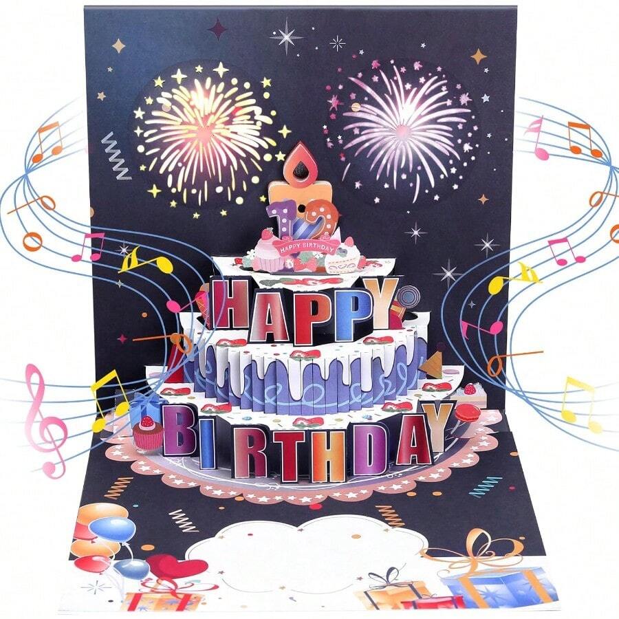 YQQ Kesote Tarjeta Pop-Up de Cumpleaños con Luz y Música Tarjeta 3D de Felicitación en Forma de Pastel Regalos de Cumpleaños Originales para Mujer Hombre Niñas Niños Amigos Azul1212 - Azul - Ver 1