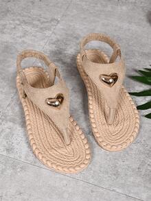 Women's Round Toe Fashion Elastic Band Woven Roman Thong Sandals, Flat Beach Sandals - Rice Love - View 6