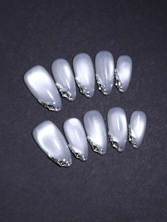 Moonlight Glossy Cat Eye 10pcs Almond 100% Handmade Press On Nails Simple French Style Nail Art Reusable Fake Nail Tips With Strobe Rhinestones Decoration DIY Nail Beauty Long Lasting Manicure Products