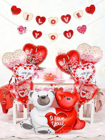 10/36-delars set med alla hjärtans dag-ballonger, inkluderar "Jag älskar dig"-banderoll, kramande björn, 18" hjärtformade folieballonger och röda latexballonger, lämplig för alla hjärtans dag-festdekoration, frieri, romantisk fest, singelfest, romantisk kväll, födelsedag, frieri, alla hjärtans dag-dekoration inomhus