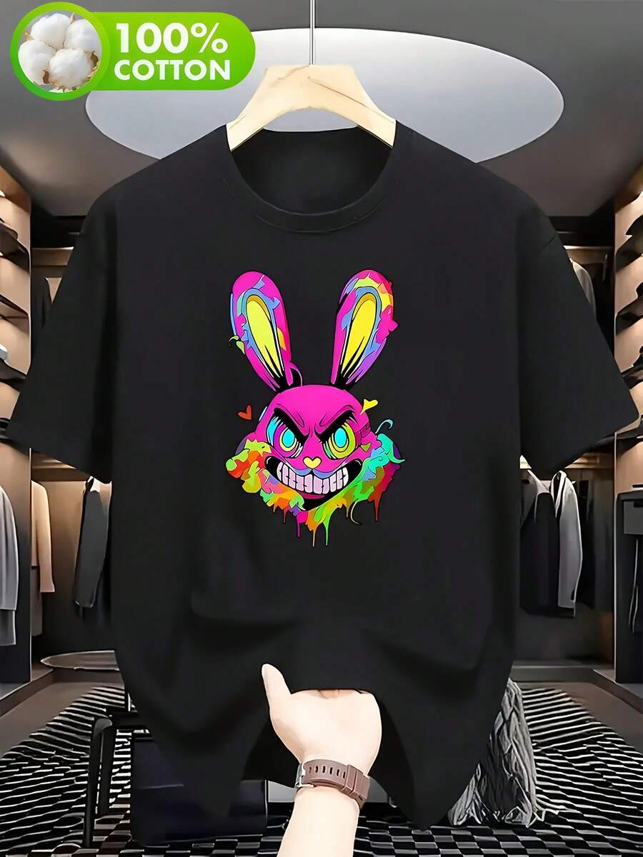 Camiseta gráfica de hombre que brilla en la oscuridad - Camiseta blanca con estampado de conejo neón rosa y verde, camisa casual de corte holgado para fiestas, Halloween - Negro - Ver 1