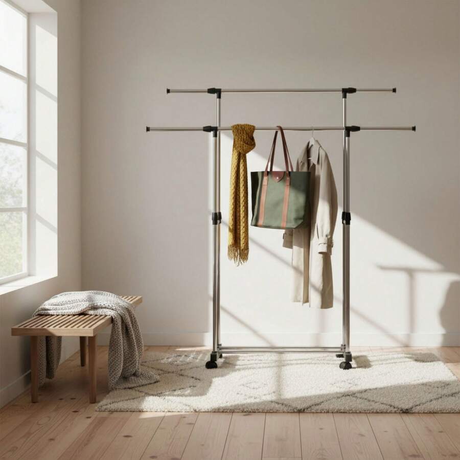 Ecommerc3 MOBLEKIT | Free-Standing And Expandable Clothes Racks In Metal And Wood, Clothing With Adjustable Options, With Wheels Or Shelves, Organizers For Bedroom, Entryway And Home - Rak Pakaian Ganda 80-150x42x90-160 Cm - View 1
