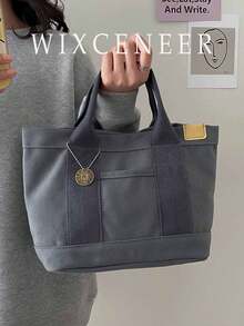 贴花细节水桶包帆布，时尚日式包包