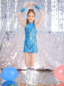 LONTAKIDS Girls Sequins Dance Clothes Dress 4-12 Yrs Sparkle Hip Hop Jazz Dance Outfit, Sleeveless Top And Shorts - 淺藍色 - 查看 4