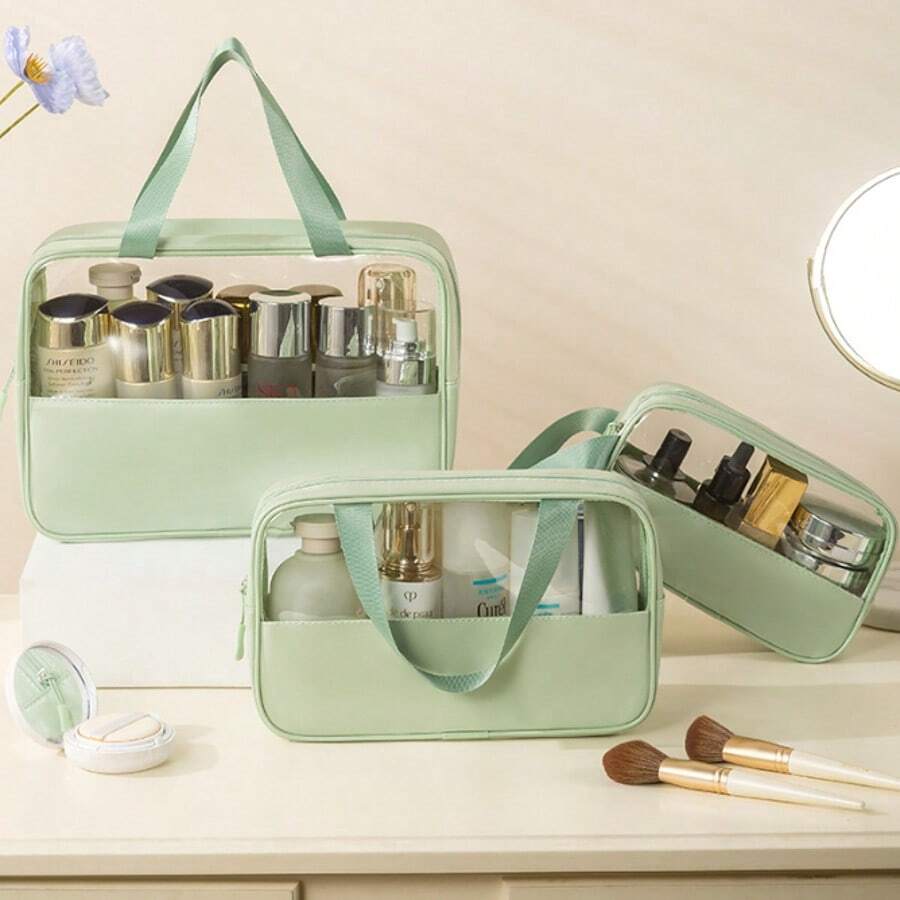 1pc Transparent PVC Makeup Bag, Letter Pattern, Waterproof & Portable, Chenille Letter Zipper Cosmetic Organizer, Minimalist Initial Sticker Travel Toiletry Bag, Ladies Bathroom Wash Bag, Letter Pattern Toiletry Bag, Gift For Mom, Beach Bag, Beach Essentials, Beach Towel Storage Bag, Beach Accessories, Beach Items, Holiday Bag, Gift For Her, Creative Gift For Women