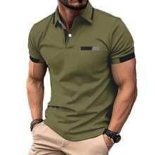Men's Casual Business Top Short-Sleeve Polo Shirt With Buttons And Contrasting Collar - 綠色 - 查看 2