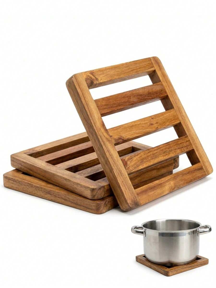 Acacia Wood Trivet Set Of 3, Square Heat Resistant Hot Pads For Kitchen Counter, Non-Slip Natural Wooden Pot Holders For Hot Dishes, Teapot & Dining Table Decor - 3 packs - 查看 1