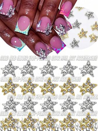20pcs Charming Y2k Style Gold Silver Metal Alloy Base Rhinestone Pentagram Set, Japanese Luxury Diamond Nail Jewelry, Alloy Base, Korean Hot Girl Y2k Style, Cool Punk Rock Subculture Style, Unscented 3D Art Craft Decorative Accessories, Diamonds DIY Nail Art Cell Phone Case Patch Jewelry