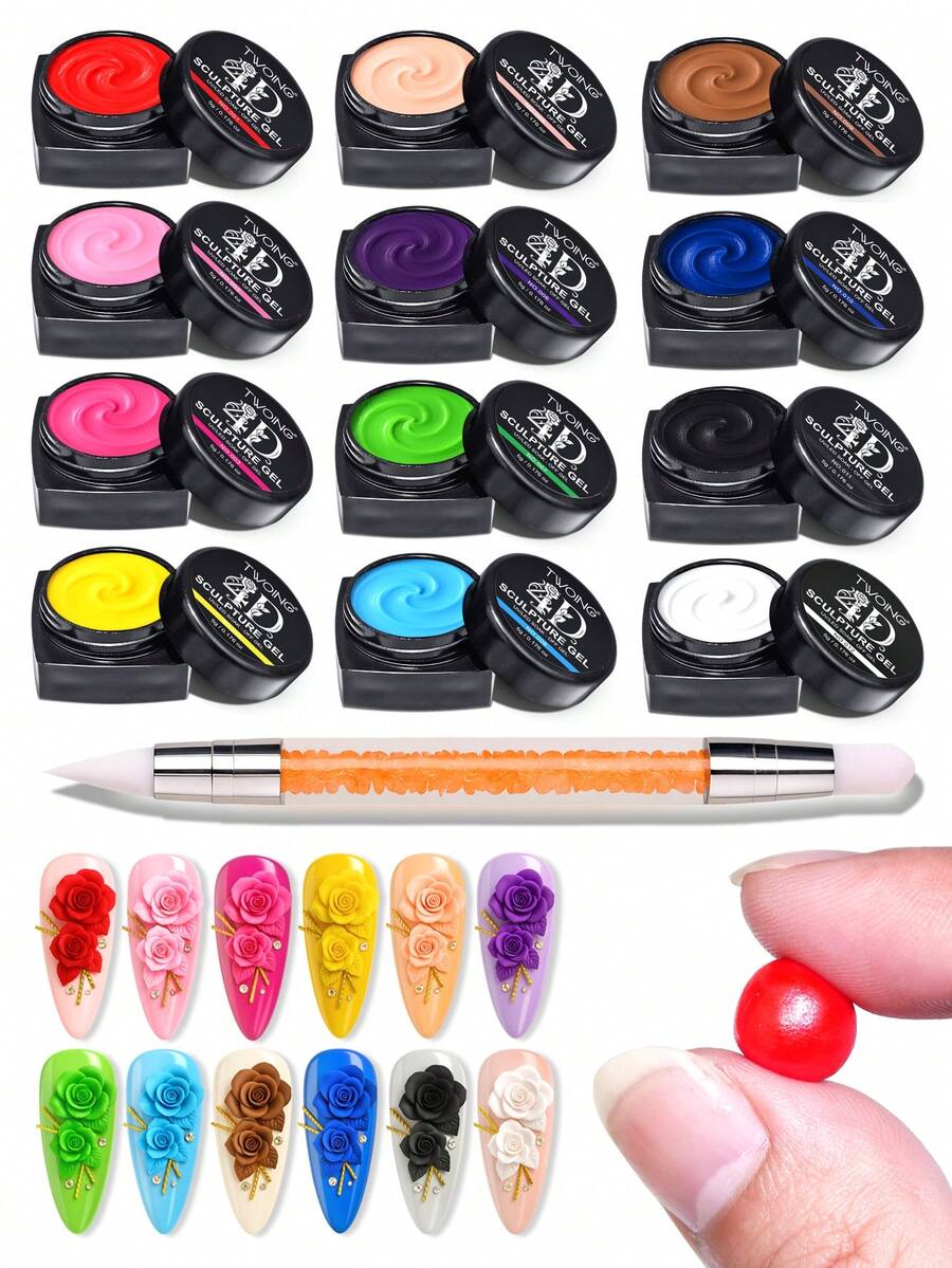 TWOING 12 Colors Non Sticky Soak Off Sculpture Gel Kit With Pen For Nail Art Firm Texture Carving And Sculpting Gel For 3D 4D Nail Design Painting Drawing DIY Salon Decoration - 彩色 - 查看 1