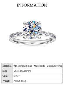 XUJIA 2克拉圆形莫桑石订婚戒指，925纯银经典周年纪念结婚戒指，8毫米莫桑石镶嵌隐藏式立方氧化锆，送给她的珠宝礼物