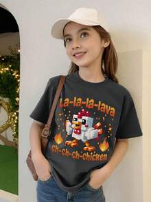 1 peça T-shirt de manga curta para rapariga com estampado de pintinho de desenho animado em pixel, fofa, macia e confortável, para uso casual diário no verão - Cinza escuro - Ver 1
