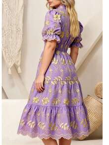 Women's Midi Dress In 3D Lace Fabric With Elastic At The Back, Button Closure At The Front, And Lining. - Lilac Bicolor 3d - View 2