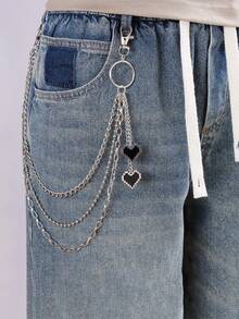 Hiphop Black Heart Shaped Fashion Pant Chain, 3-Layer Alloy Heart Pendant Pant Accessory, Minimalist Personalized Pant Chain - one-size - View 1