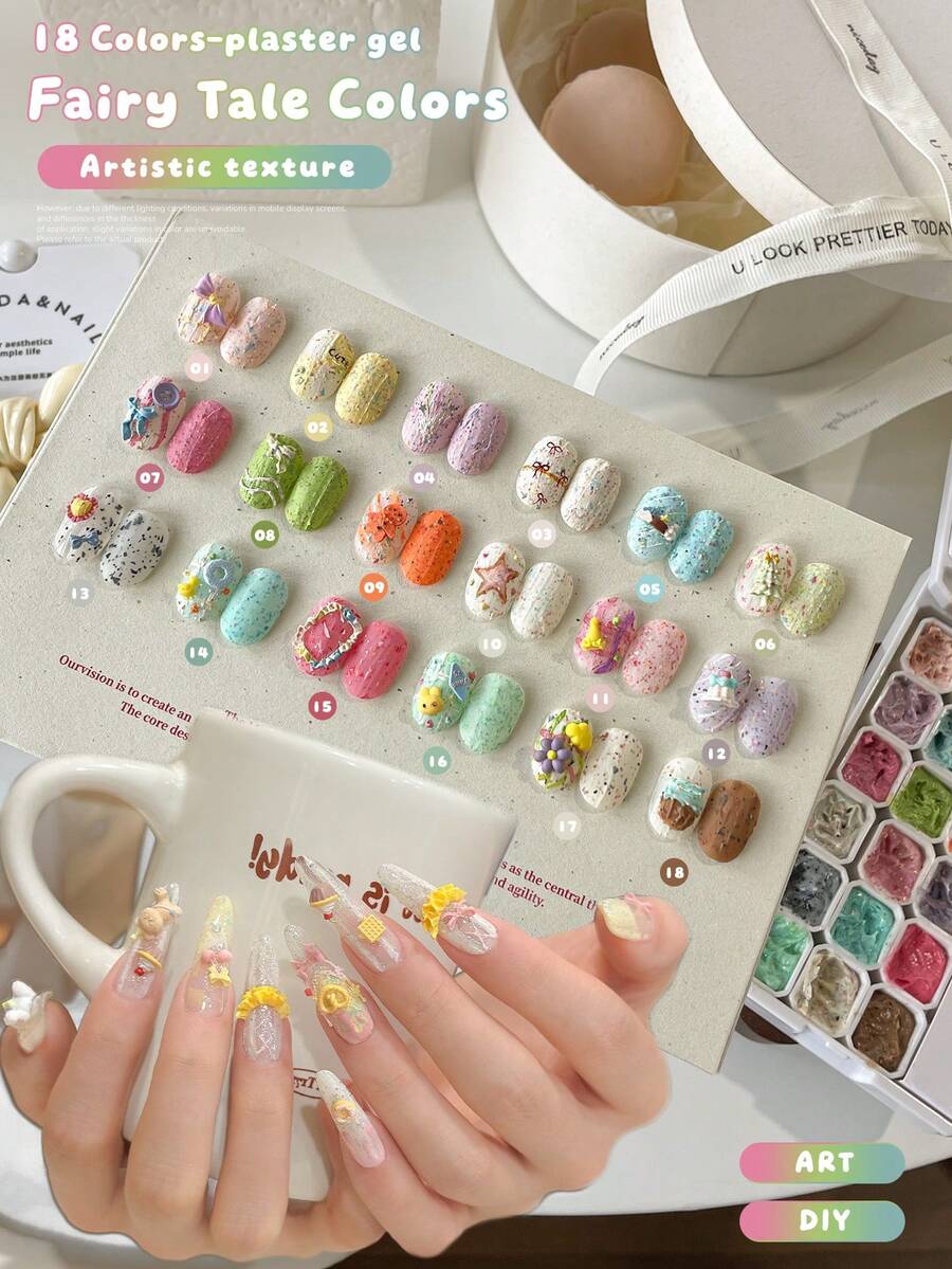 MORDDA 18 Colors Plaster Gel Set, Moonlight Textured Sculpting Gel For 3D Nail Art, DIY Nail Palette With Butterfly & Bear Designs, High-Strength Creative Nail Glue, Perfect Gift For Salon Artists & Craft Lovers - 彩色 - 查看 1