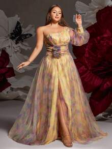 VIPGIRL 黄色单肩长袖优雅正式长款连衣裙，饰有 3D 立体花卉图案，高端设计，大码，适合晚宴等场合 - 黃色 - 查看 1