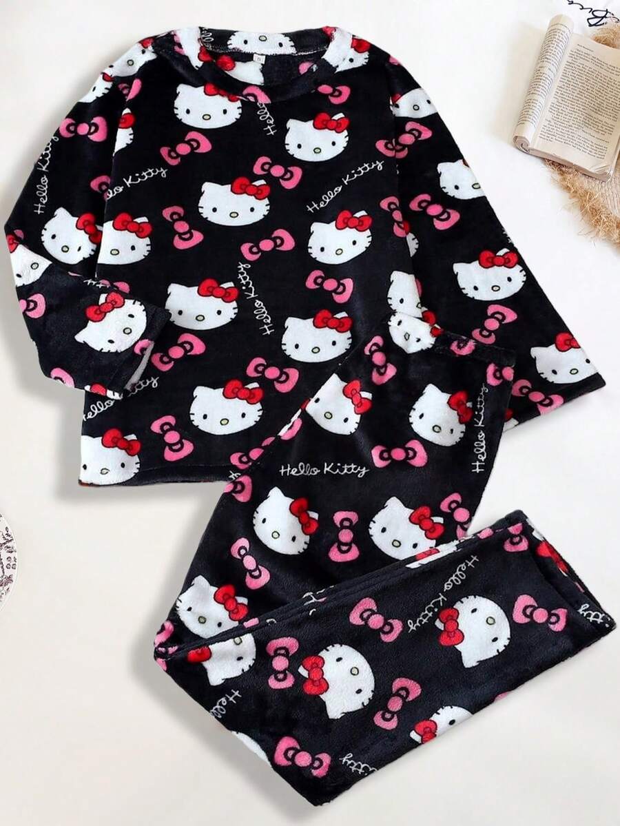 SANRIO 两件套可爱柔软毛绒睡衣套装，卡通印花加厚保暖长裤+上衣，黑色保暖休闲家居服套装，适合春、秋、冬季穿着，卡通动漫图案，时尚派对礼物，适合送给朋友、女朋友、情侣，也适合返校、感恩节、新年等节日礼物。 - 黑色 - 查看 1