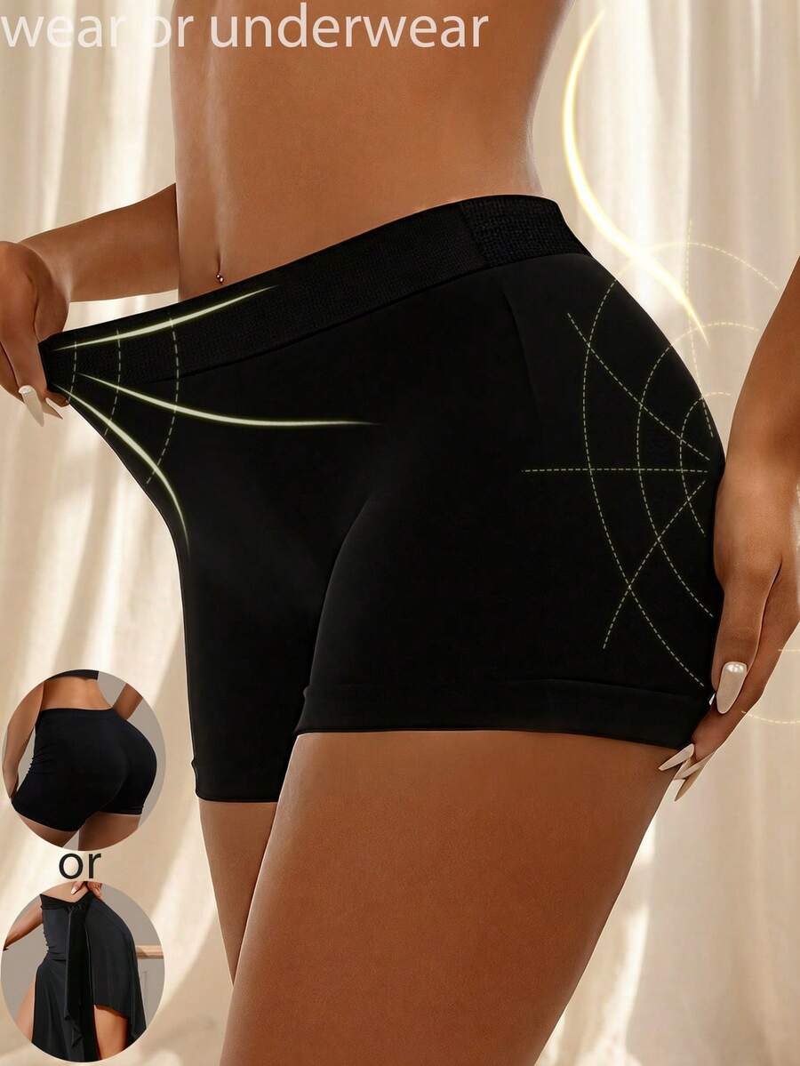 女士中腰弹力平角内裤，无缝纯色三角裤，裙底安全内裤，舒适女士内衣，透气柔软亲肤无缝内裤，纯色罗纹针织平角裤，无缝短裤，休闲舒适日常内裤 - 黑色 - 查看 1