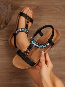 FVPFVP 2025 New Bohemian Style Beaded & Rhinestone Wedge Heel Soft Bottom Non-Slip Sandals For Women, Summer - Black - View 2
