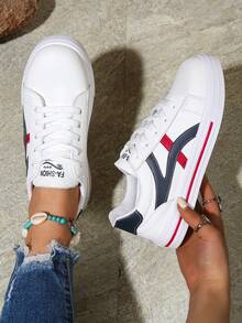 女士厚底运动鞋，春秋新款休闲平底防滑白色鞋，百搭学生鞋 - 紅色 - 查看 5