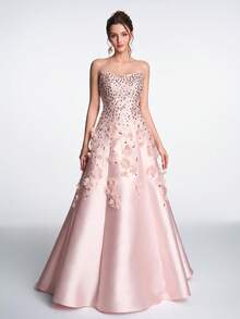 Romantic Luxury Elegant Light Pink Handmade Applique 3D Floral Beaded Sequin Halter Tie Formal Dress, Suitable For Formal Occasions And Wedding Events Such As Homecoming Party, Graduation Dance, Bridesmaid, High-End Gala, Engagement Party - Pink - View 2