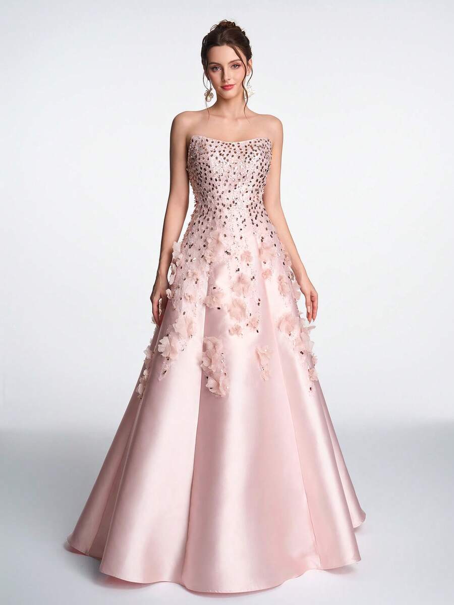 Romantic Luxury Elegant Light Pink Handmade Applique 3D Floral Beaded Sequin Halter Tie Formal Dress, Suitable For Formal Occasions And Wedding Events Such As Homecoming Party, Graduation Dance, Bridesmaid, High-End Gala, Engagement Party