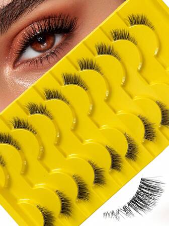 10 pares de pestañas postizas D Curl de media longitud, estilo ojo de gato, con efecto wispy, banda transparente, pestañas postizas de esquina naturales de 3/4, pestañas postizas multicapa 3D rizadas, reutilizables, de aspecto de visón sintético, para principiantes