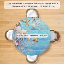 Teal Beach Round Fitted Tablecloth With Elastic Coastal Starfish Fitted Cirrcle Table Cover Waterproof Wipeable Outdoor Table Cloth For Kitchen Parties Dining Holiday Decor (Fit For 45inch-50inch Tables),48inch(Round),D:BeachTeal - D:海灘藍綠色 - 查看 3